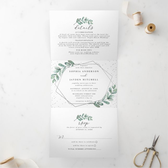 Eucalyptus Geometric Silver Foil Wedding Tri-Fold Invitation (Inside)