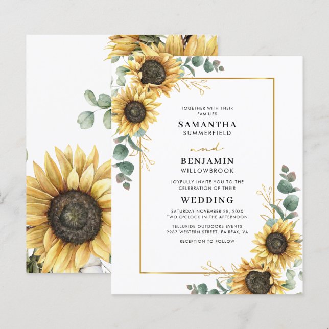 Eucalyptus Geometric Sunflower Wedding Invitation (Front/Back)