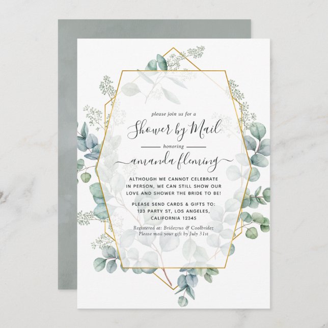 Eucalyptus Geometric Virtual Bridal Shower by Mail Invitation (Front/Back)