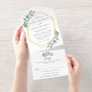 Eucalyptus Geometric Wedding Real Foil Pressed All In One Invitation