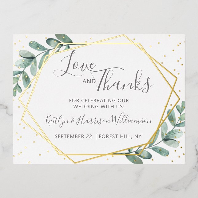 Eucalyptus Geometric Wedding Thank You Real Foil Invitation Postcard (Front)