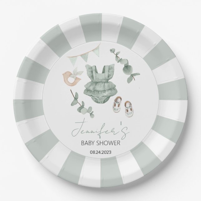 Eucalyptus girl clothes baby shower paper plates (Front)