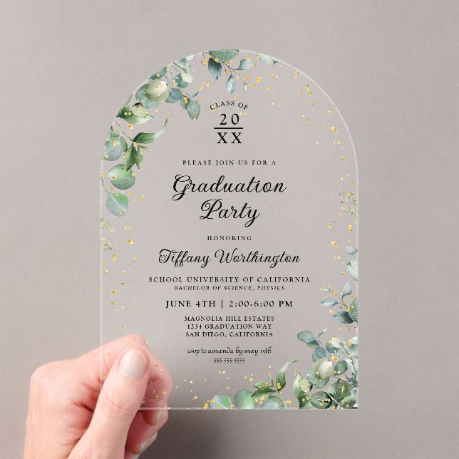 Eucalyptus Glitter Graduation Party Acrylic Invitations (Insitu (Handheld))