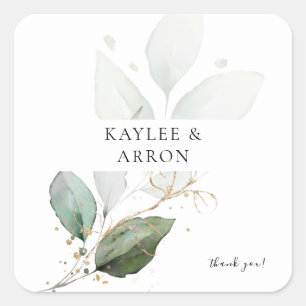 Eucalyptus Glow Gold Greenery Thank You Square Sticker