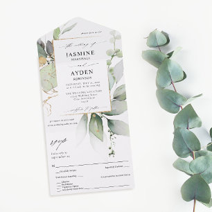 Eucalyptus Glow Gold Greenery Wedding All In One Invitation