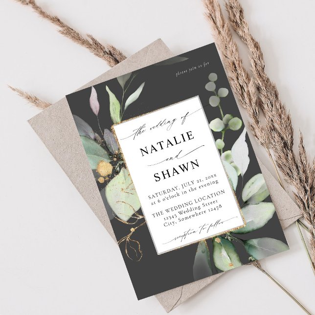 Eucalyptus Glow Gold Greenery Wedding Grey Invitation (Creator Uploaded)