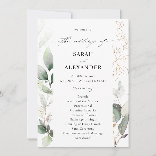 Eucalyptus Glow Gold Greenery Wedding Program Invitation (Front)