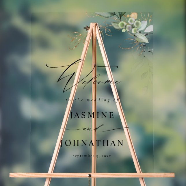 Eucalyptus Glow Gold Greenery Wedding Welcome 4 Acrylic Sign (Neutral)