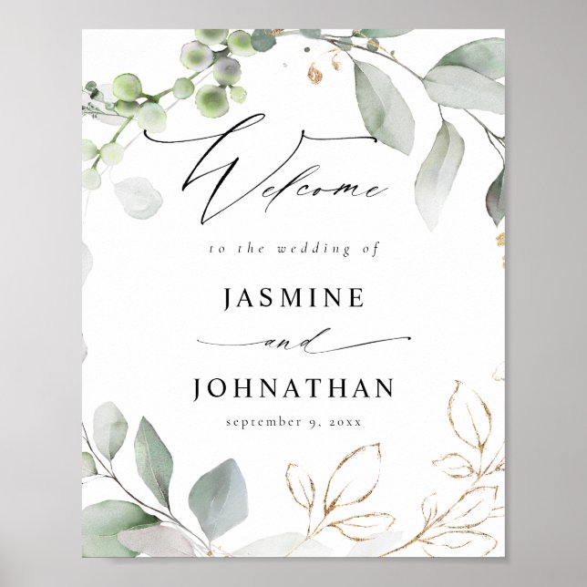 Eucalyptus Glow Gold Greenery Welcome Sign Poster (Front)