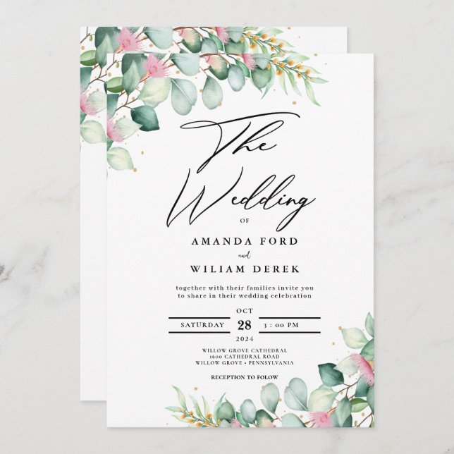 Eucalyptus Glow Greenery modern Wedding Invitation (Front/Back)