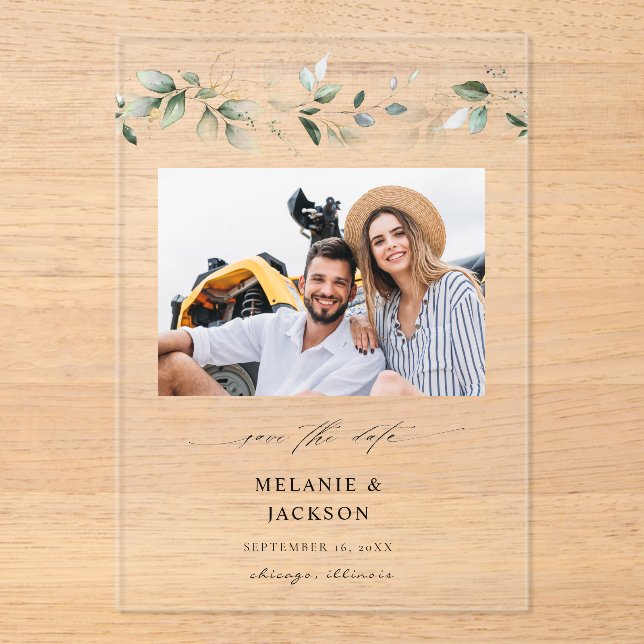 Eucalyptus Glow Photo Save the Date 2 Acrylic Invitations (Front)