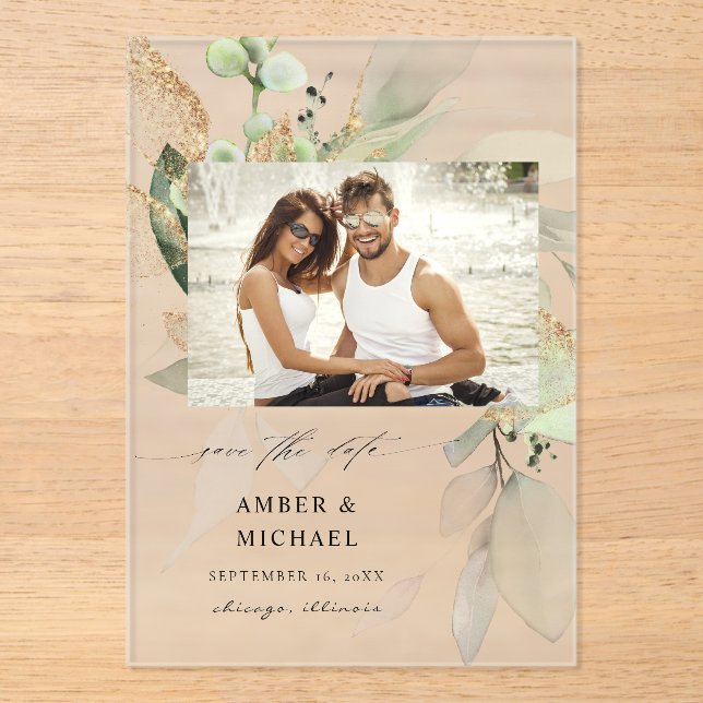 Eucalyptus Glow Photo Save the Date 3 Acrylic Invitations (Front)
