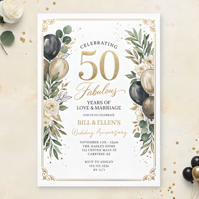 Eucalyptus Gold 50th Wedding Anniversary Invitation (Creator Uploaded)