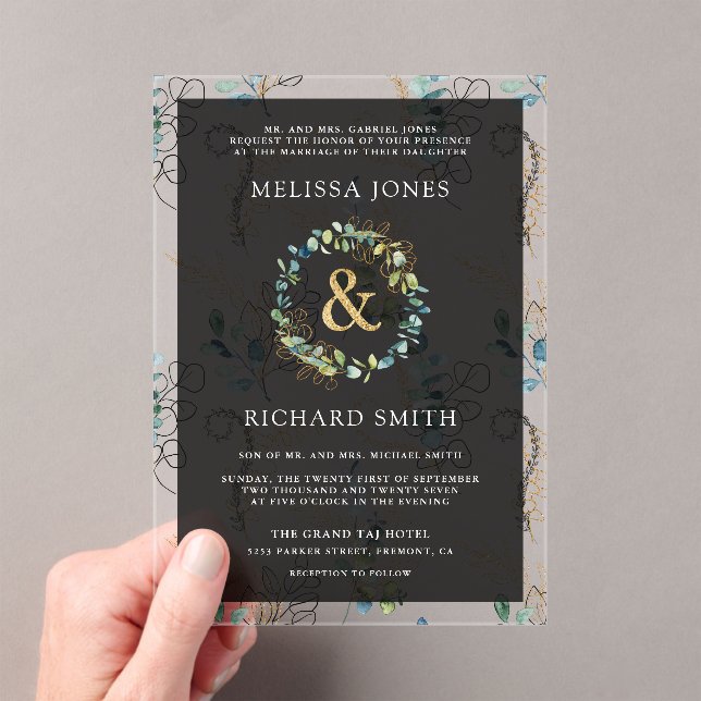 Eucalyptus Gold Ampersand Black Wedding Acrylic Invitations (Insitu (Handheld))