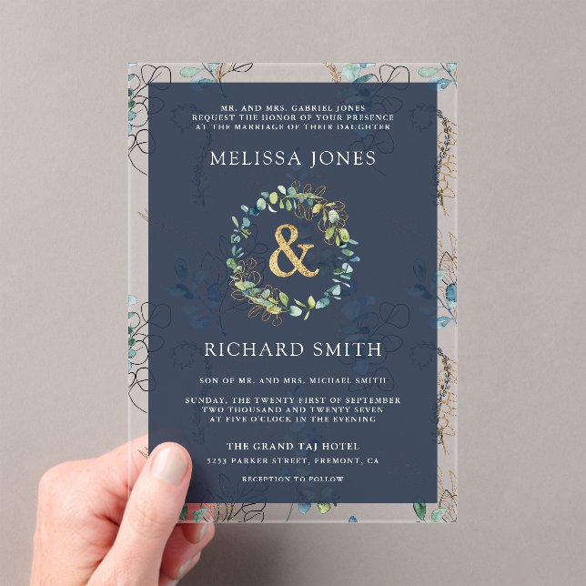 Eucalyptus Gold Ampersand Navy Blue Wedding Acrylic Invitations (Insitu (Handheld))