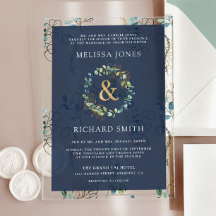 Eucalyptus Gold Ampersand Navy Blue Wedding Acrylic Invitations