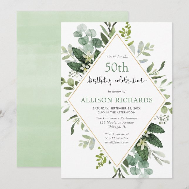 Eucalyptus gold any age adult birthday party invitation (Front/Back)