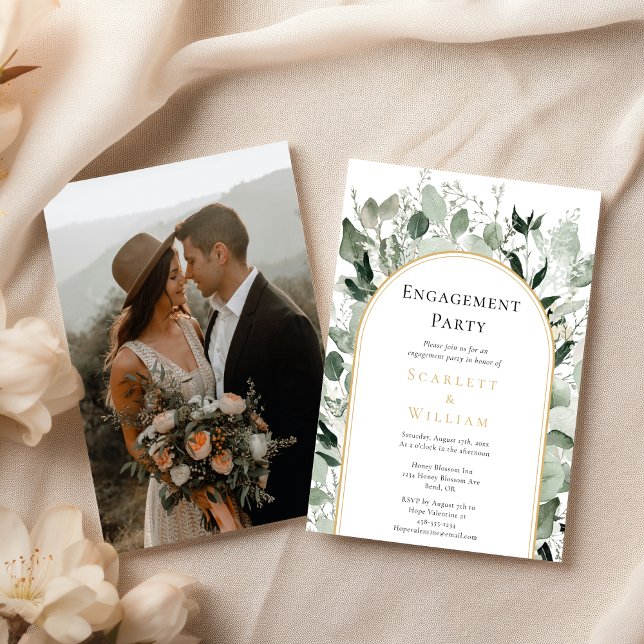 Eucalyptus Gold Arch Simple Photo Engagement Party Invitation (Creator Uploaded)