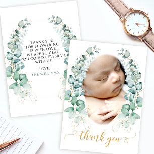 Eucalyptus gold baby shower photo thank you cards