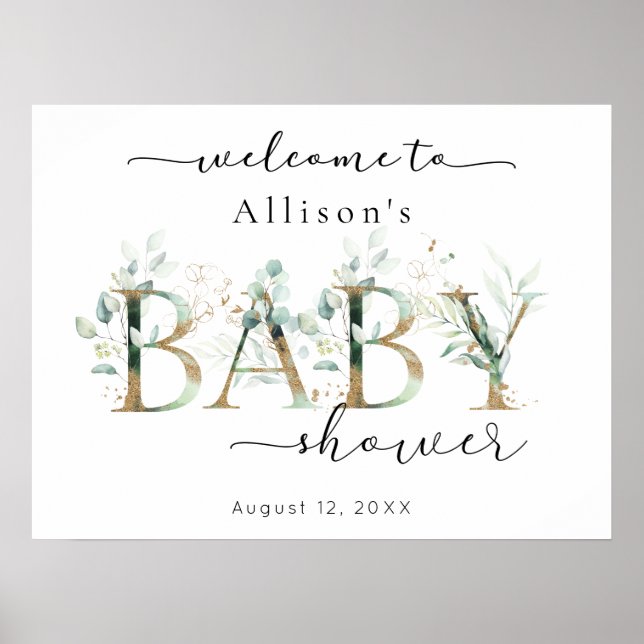 Eucalyptus Gold Baby Shower Welcome Sign (Front)