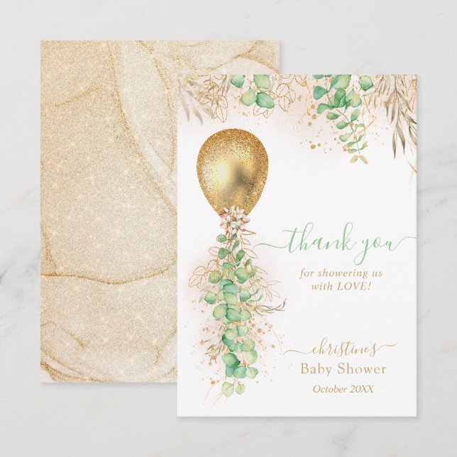 Eucalyptus Gold Balloon Baby Shower Thank You Card (Front/Back)
