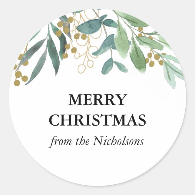 Eucalyptus Gold Berries Watercolor Christmas Classic Round Sticker (Front)