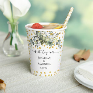 Eucalyptus Gold Best Day Ever Wedding Paper Cups