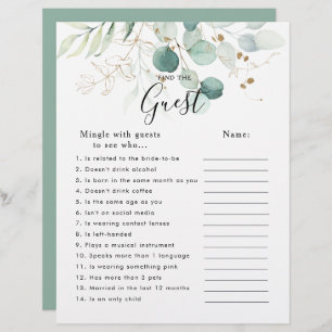 Eucalyptus Gold Bridal Shower Find the Guest Game