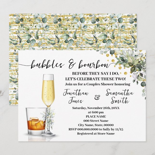 Eucalyptus Gold Bubbles & Bourbon Couples Shower Invitation (Front/Back)
