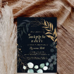 Eucalyptus Gold Calligraphy Blue Surprise Party  Invitation<br><div class="desc">This eucalyptus gold calligraphy blue surprise party invitation is perfect for a simple birthday,  retirement or any surprise party. This artistic design features hand-drawn gold floral and watercolor eucalyptus green foliage in a dark blue background,  beautifully arranged in an elegant geometric frame.</div>