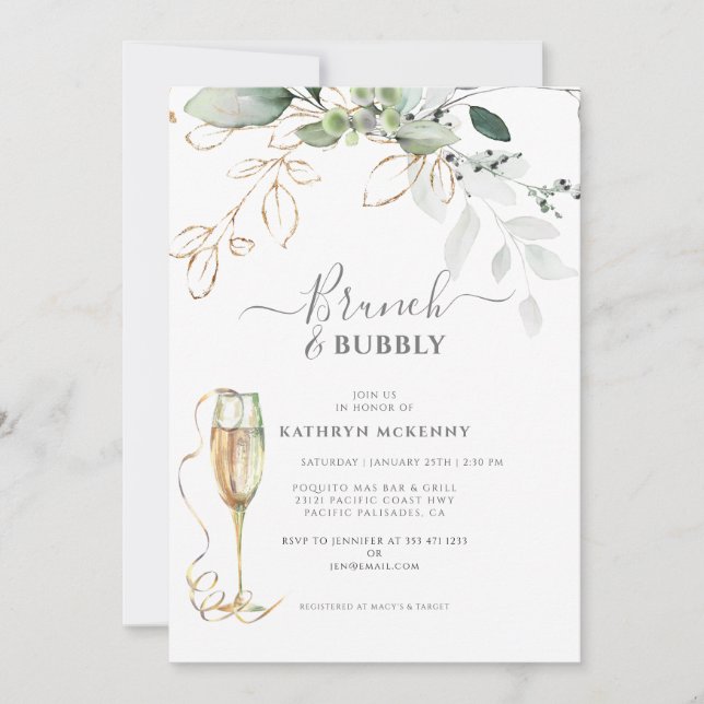 Eucalyptus Gold Calligraphy Bridal Shower  Invitat Invitation (Front)