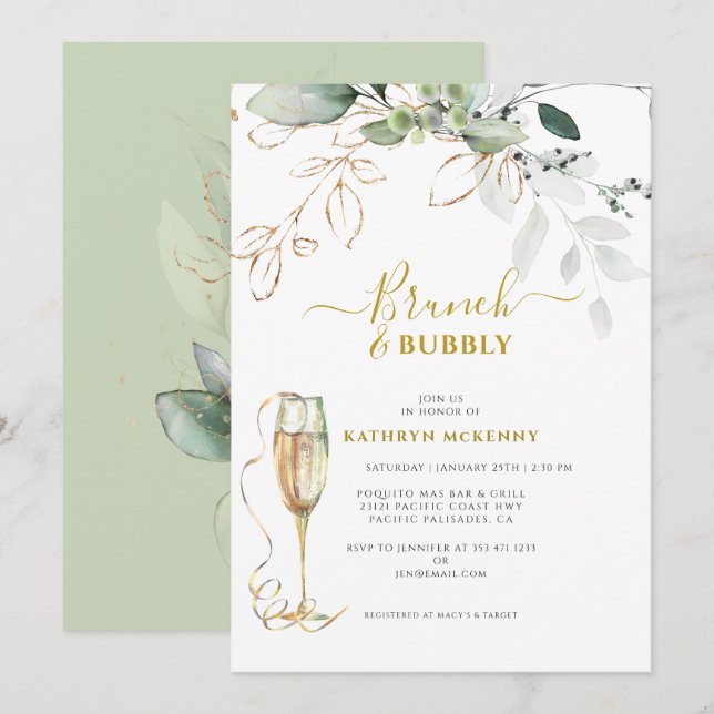 Eucalyptus Gold Calligraphy Bridal Shower Invitation (Front/Back)