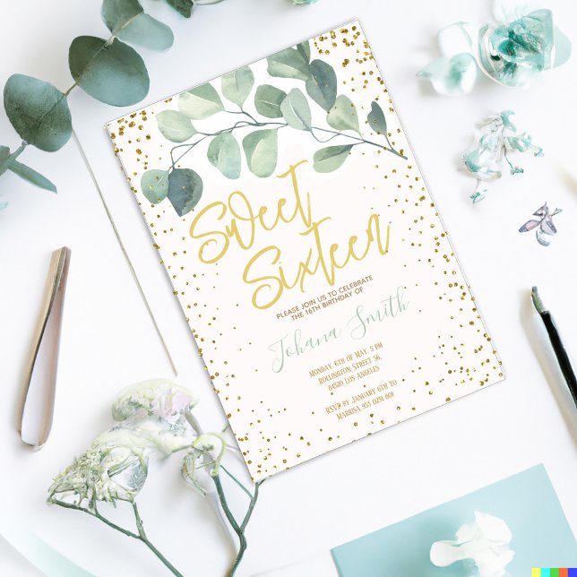 Eucalyptus Gold Confetti Sweet Sixteen Birthday Invitation (Creator Uploaded)