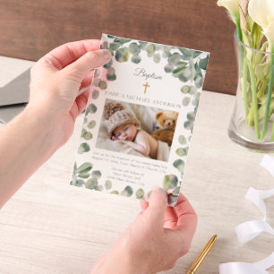 Eucalyptus Gold Cross Baby Baptism Photo  Vellum Invitations