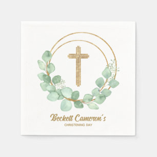 Eucalyptus Gold Cross Christening Napkin