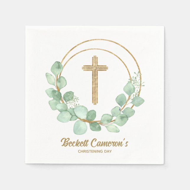 Eucalyptus Gold Cross Christening Napkin (Front)