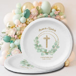 Eucalyptus Gold Cross Christening Paper Plate<br><div class="desc">A gold faux glitter cross and eucalyptus leaves wreath highlight these paper plates with your text in chic lettering. Perfect for your child's christening,  baptism or first communion.  MATCHING items available in our store.</div>
