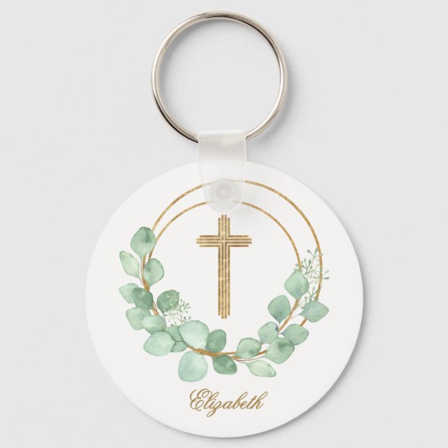 Eucalyptus Gold Cross Key Ring (Front)