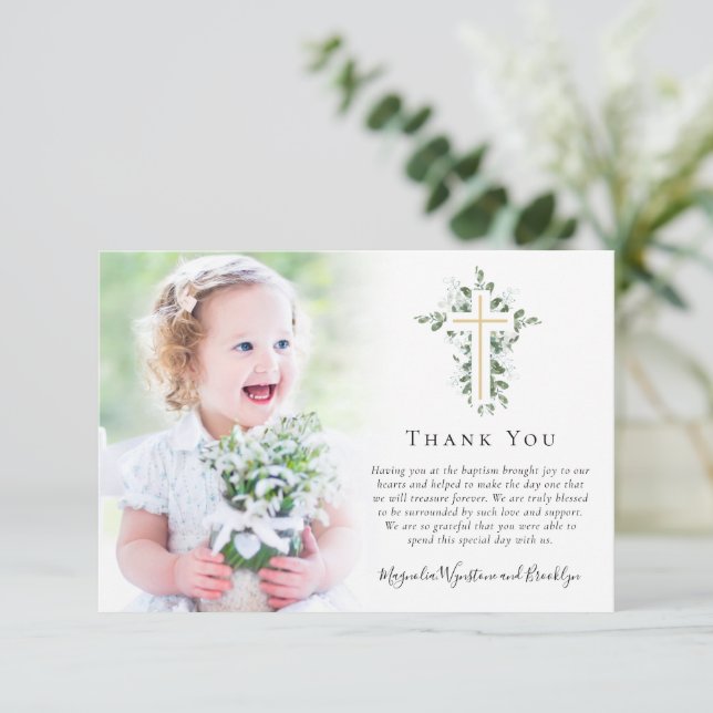 Eucalyptus Gold Cross Photo Baptism Thank You Card (Standing Front)