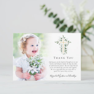 Eucalyptus Gold Cross Photo Baptism Thank You Card