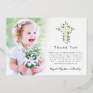 Eucalyptus Gold Cross Photo Baptism Thank You Card