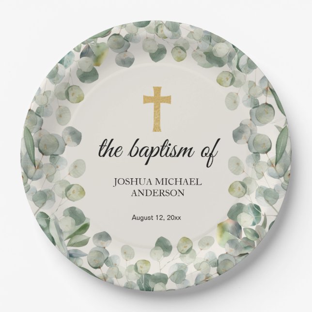 Eucalyptus Gold Cross Religious Baptism Paper Plate (Front)