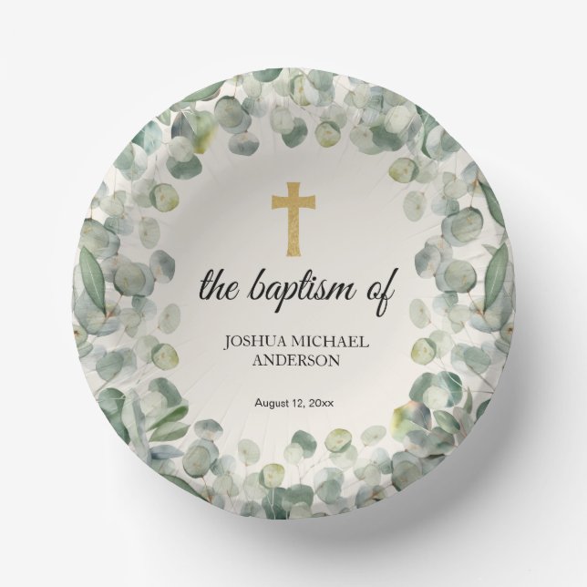 Eucalyptus Gold Cross Religious Baptism Paper Plate (Front)