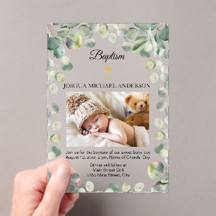 Eucalyptus Gold Cross Religious Baptism Photo Acrylic Invitations
