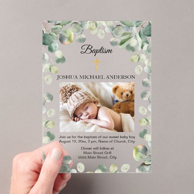Eucalyptus Gold Cross Religious Baptism Photo Acrylic Invitations (Insitu (Handheld))