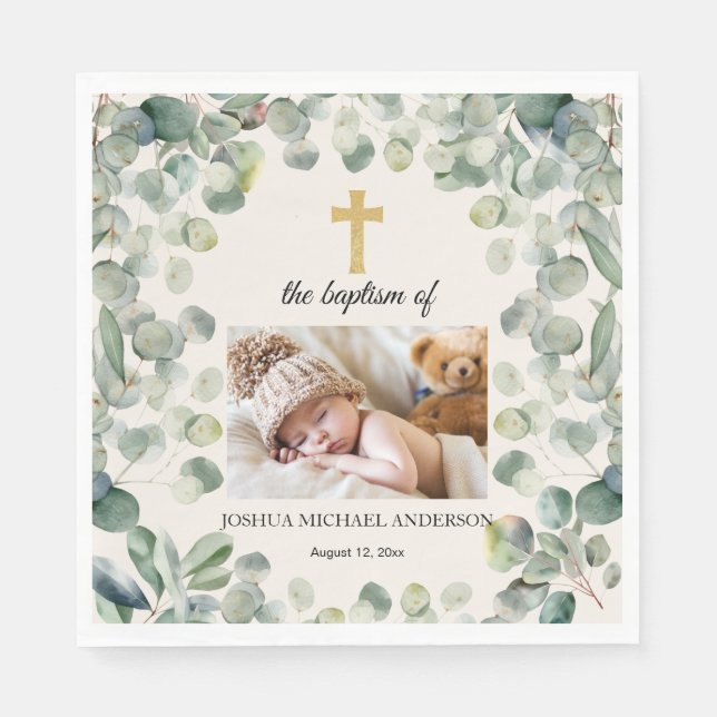 Eucalyptus Gold Cross Religious Baptism Photo Napkin (Front)