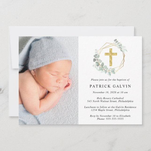 Eucalyptus Gold Cross Watercolor Photo Baptism Invitation (Front)