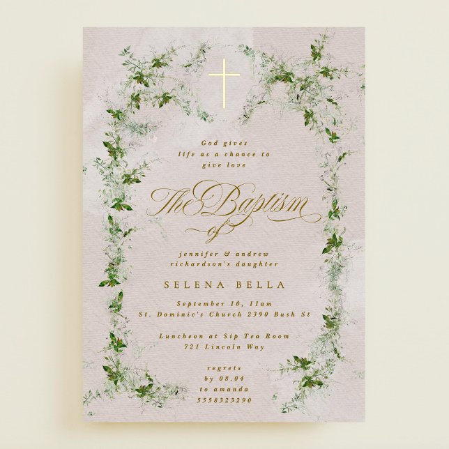 Eucalyptus Gold Cross Wreath Baptism Foil Invite (Creator Uploaded)