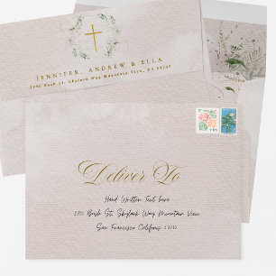 Eucalyptus Gold Cross Wreath Girl Baptism Envelope