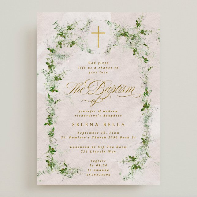Eucalyptus Gold Cross Wreath Girl Baptism Invitation (Creator Uploaded)